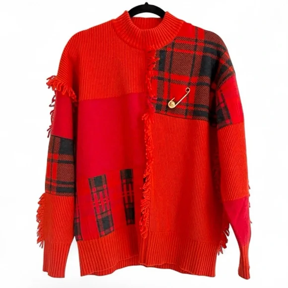 VERSACE Red Fringe Patchwork Wool Sweater With Saferty Pin Embellishment Size XS